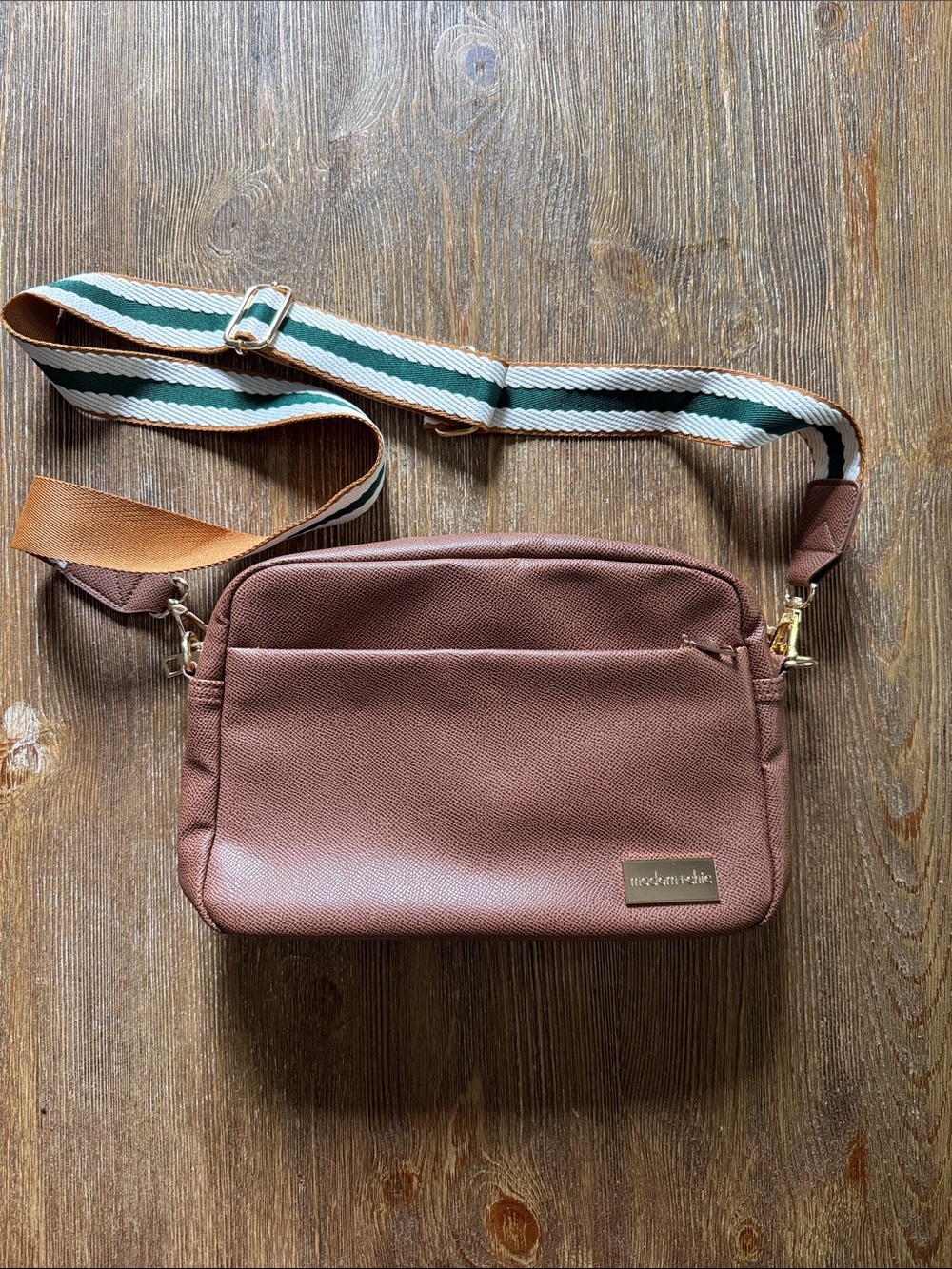 Neutral Brown Crossbody Bag with Striped Adjustable Strap
